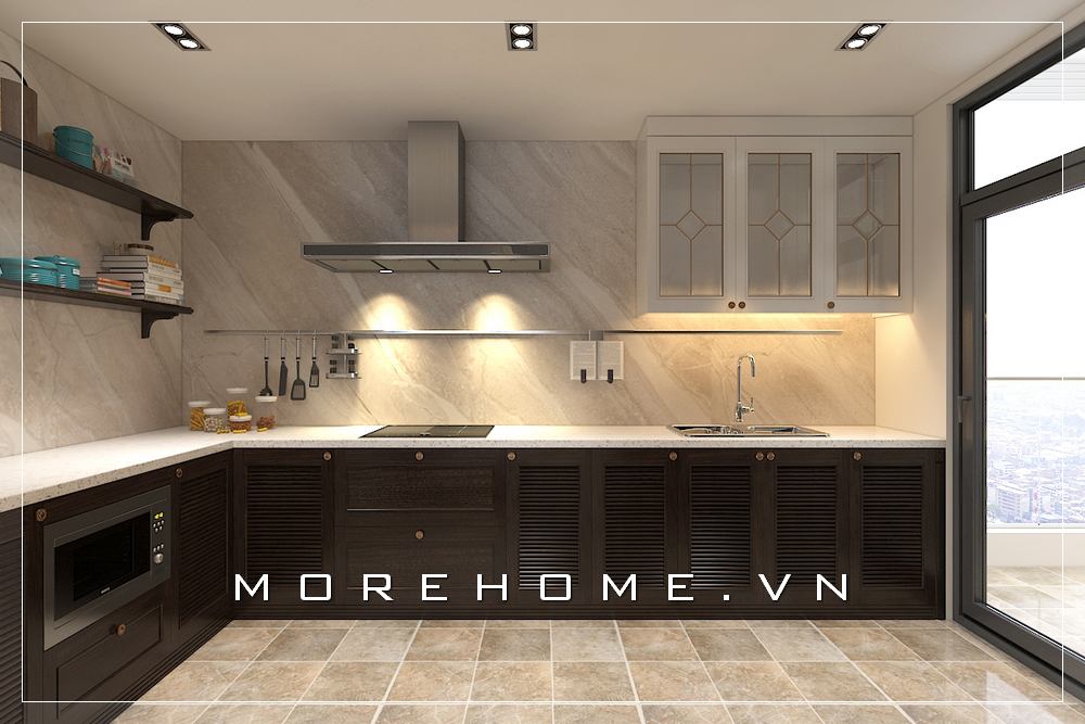 Mẫu tủ bếp chữ L gỗ tự nhiên tone màu trầm hiện đại cho căn bếp chung cư Tủ bếp đẹp